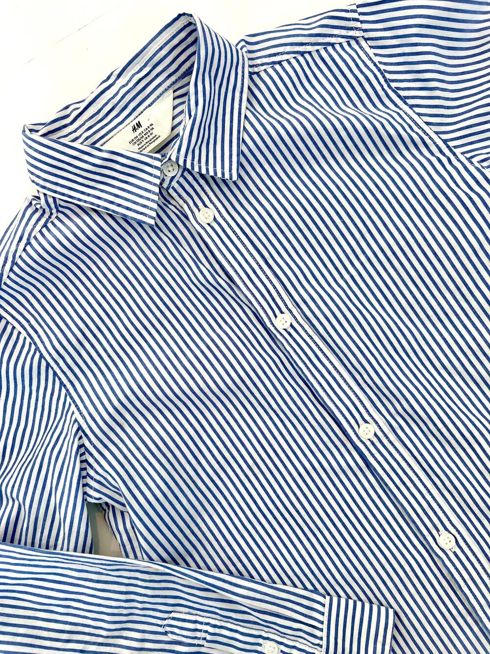 Kids Blue & White Striped Long Sleeve Cotton Button Down Woven Shirt - Preowned